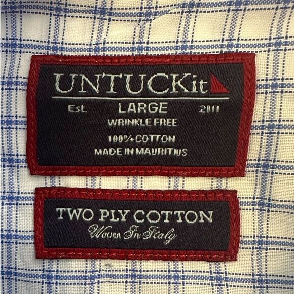 UNTUCKit Wrinkle Free Two Ply Cotton LS Shirt Size Large in Blue and White Plaid - Picture 4 of 6